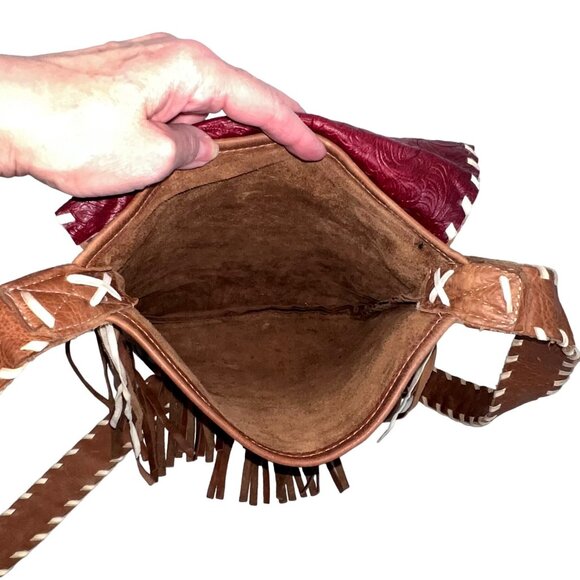 Handcrafted Brown Leather Crossbody Bag Red Rose Embroidery & Fringe Accents GUC - Picture 6 of 12